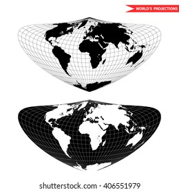 Bonne world map projection. Black and white world map vector illustration.
