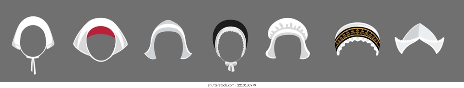 Bonnet hat collection. Set of various shape woman  headwears. Italian, dutch, french vintage headdress. Traditional national clothes. Isolated accessories. Vector flat cartoon illustration.