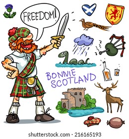 Bonnie Scotland cartoon collection, funny Scottish man with sword