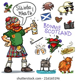 Bonnie Scotland cartoon collection, funny Scottish man with whisky