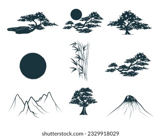 Bonsai, bamboo trees, mountains and the sun. Japanese art collection, set of 9 design elements for t-shirt, tattoo, print and stickers. Hand drawn vector illustrations isolated on white background.