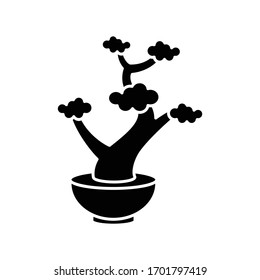 Bonsai black glyph icon. Tiny cultivated potted tree. Decorative gardening. Flowerpot with dwarf plant with foliage on branches. Silhouette symbol on white space. Vector isolated illustration