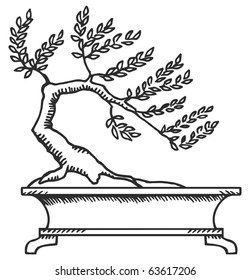 Bonsai. Black and white drawing a small tree.