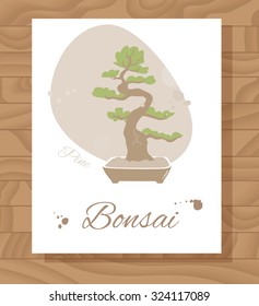 Bonsai. Card on wooden texture. Vector illustration. Pine