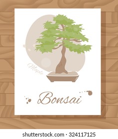 Bonsai. Card on wooden texture. Vector illustration. Maple