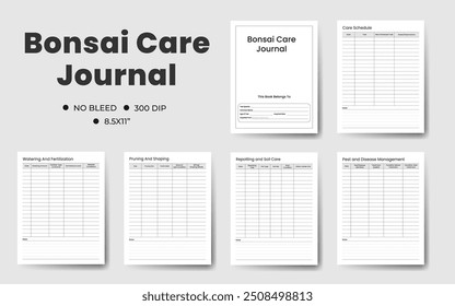 Bonsai Cuidado Diario Logbook Tracker Plantilla, Ilustración vectorial Planificadora Imprimible.