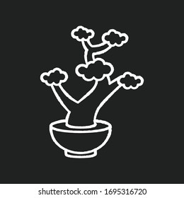 Bonsai chalk white icon on black background. Tiny cultivated potted tree. Decorative gardening. Flowerpot with dwarf plant with foliage on branches. Isolated vector chalkboard illustration