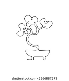 Bonsai continuous line drawing. Abstract botanical monoline, line art, outline. Japan landscape art, gardening, feng shui. Symbol, icon, logo, sketch.