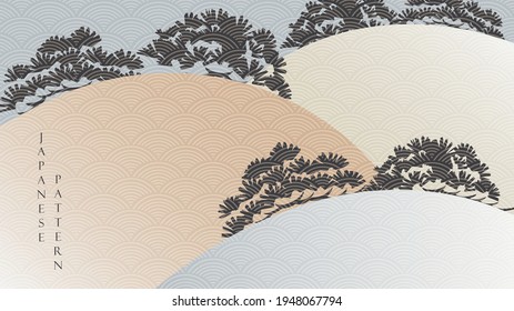 Bonsai elements background with mountain forest banner vector. Japanese  wave pattern with line elements in vintage style.