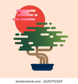 Bonsai flat style illustration. Small Japanese pine and pink sun on light background. 