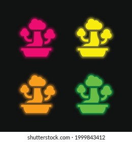 Bonsai four color glowing neon vector icon
