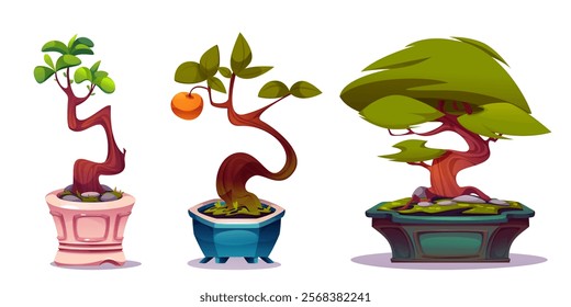 Bonsai garden set - curved trunk miniature trees in ornamental pots with vibrant orange fruit, green leaves, moss patches and pebbles. Decorative stands with dwarf plants for or oriental environment.