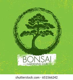 Bonsai Gardening Club Creative Vector Design Concept. Zen Tree Icon Illustration On Rough Background