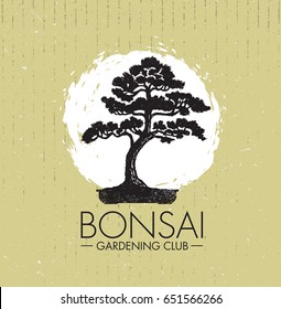 Bonsai Gardening Club Creative Vector Design Concept. Zen Tree Icon Illustration On Rough Background