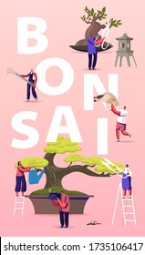 Bonsai Growing Concept. People Characters Enjoying Hobby Caring, Pruning and Trimming Bonsai Trees. Plants Gardening, Traditional Asian Art, Culture Poster Banner Flyer. Cartoon Vector Illustration