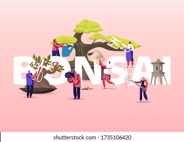 Bonsai Growing Concept. People Characters Enjoying Hobby Caring, Pruning And Trimming Bonsai Trees. Plants Gardening, Traditional Asian Art, Culture Poster Banner Flyer. Cartoon Vector Illustration