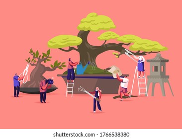 Bonsai Growing Concept. Tiny Male and Female Characters Enjoying Hobby Caring, Pruning and Trimming Bonsai Trees. Plants Gardening, Traditional Asian Art, Culture. Cartoon People Vector Illustration