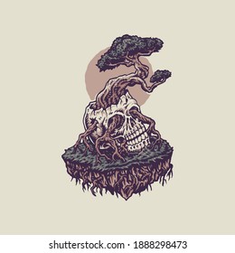 Bonsai growing from a human skull, hand drawn line style with digital color, vector illustration