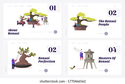 Bonsai Growing Landing Page Template Set. Tiny Characters Enjoying Hobby Caring, Pruning and Trimming Bonsai Trees. Plants Gardening, Traditional Asian Art, Culture. Cartoon People Vector Illustration