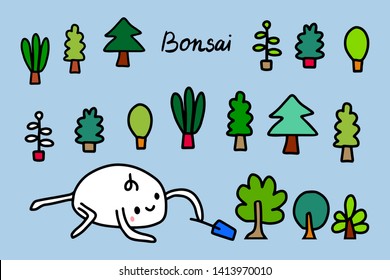 Bonsai hand drawn vector illustration in cartoon style. Happy gardener taking care about plants