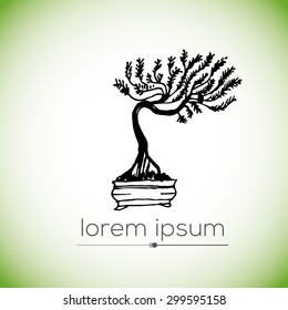 Bonsai - hand drawn vector logo (illustration, ink drawing, sign, symbol, icon). Part of nature coloring book set Bonsai 1