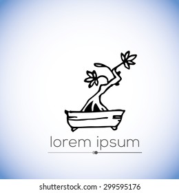 Bonsai - hand drawn vector logo (illustration, ink drawing, sign, symbol, icon). Part of nature coloring book set Bonsai 1