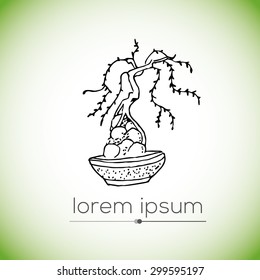 Bonsai - hand drawn vector logo (illustration, ink drawing, sign, symbol, icon). Part of nature coloring book set Bonsai 1