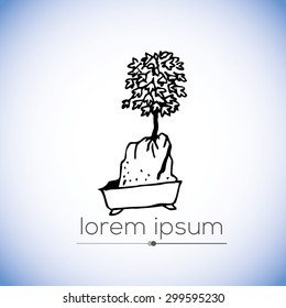 Bonsai - hand drawn vector logo (illustration, ink drawing, sign, symbol, icon). Part of nature coloring book set Bonsai 1