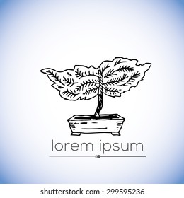 Bonsai - hand drawn vector logo (illustration, ink drawing, sign, symbol, icon). Part of nature coloring book set Bonsai 1