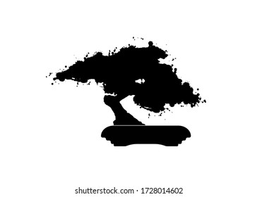 bonsai icon, Japanese bonsai tree , plant silhouette icons on white background, Black silhouette of bonsai. Vector isolate on white background, logo tree grunge splash style