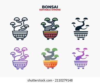 Bonsai icon set with different styles. Icons designed in filled, outline, flat, glyph and line colored. Editable stroke and pixel perfect. Can be used for web, mobile, ui and more.
