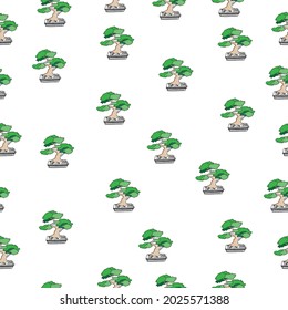bonsai illustration on white background. seamless pattern, hand drawn vector. bonsai in the pot, houseplant icon. green leaf. doodle art for wallpaper, wrapping paper, fabric, backdrop, textile. 