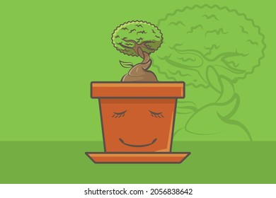Bonsai illustration with orange pot asleep on green background