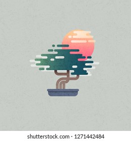 Bonsai  illustration. Small Japanese pine and pink sun on shabby background. 