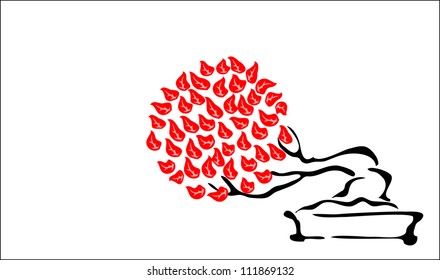 Bonsai and Japanese flag. Vector illustration.
