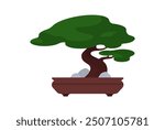 Bonsai. Japanese tiny-tiny tree in elegant pot. Ancient art of tiny tree growing, gardening. Home garden concept. Simplicity flat vector illustration, isolated on white.