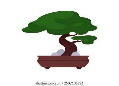 Bonsái. Pequeño árbol japonés en elegante maceta. Arte antiguo de pequeño árbol que crece, jardinería. Concepto de jardín casero. Ilustración vectorial plana de simplicidad, aislada en blanco.