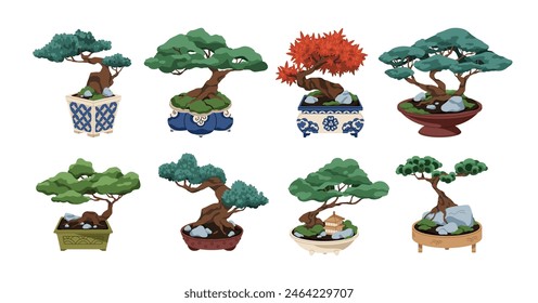 Bonsai, Japanese trees in pots. Traditional Asian miniature garden, zen nature in container. Japan leaf plants, traditional oriental art. Flat vector illustration isolated on white background