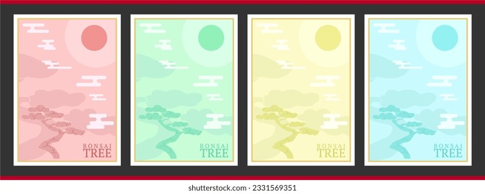 bonsai juniper pine maple cedar simple modern creative wallpaper in Japan style as home decoration. Red green yellow blue floral blossom in young pastel color, suitable for ornament old person people