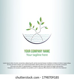 
bonsai leaf logo, in green blue and brown colors