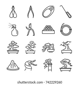 Bonsai line icon set. Included the icons as Juniper, containers, bending, wire, spray, tools and more.