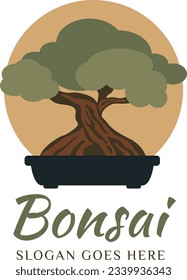 Bonsai Logo. Illustration des Musters für das Design der Bonsai-Logos, Vektorgrafik im Flachdesign