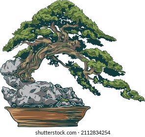 Bonsai Logo Nature Illustration Vector with white isolation beground