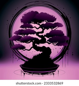 Bonsai. Moon. Mystical background. Vector illustration.