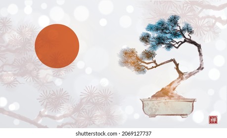 Bonsai pine tree and big red sun hand drawn with ink on white glowing background. Traditional oriental ink painting sumi-e, u-sin, go-hua. Hieroglyph - prosperity.