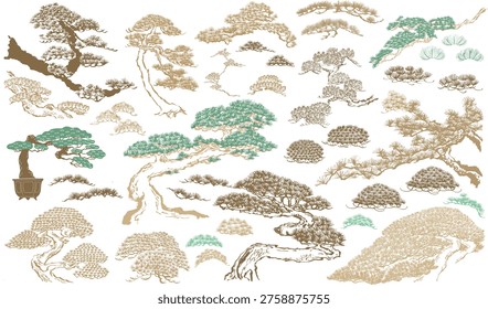 Bonsai Pine Tree with Flying Cranes, Elegant Oriental Zen illustration.