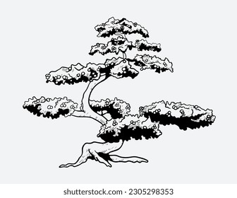 Bonsai pine tree hand hand-drawn with ink in traditional Japanese style sumi-e. Image contains hieroglyphs "well being", "harmony", "health". Vector illustration.