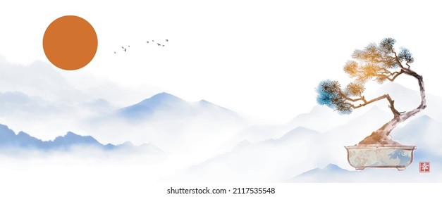 Bonsai pine tree and misty mountains with gentle slopes.Traditional oriental ink painting sumi-e, u-sin, go-hua. Hieroglyph - happiness.