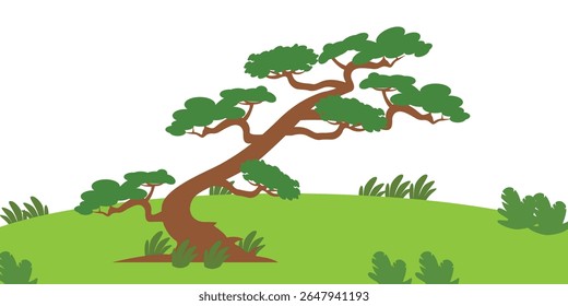 Bonsai Pine Tree na ilustração de paisagem de Green Hill
