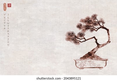 Bonsai pine tree on vintage background. Traditional oriental ink painting sumi-e, u-sin, go-hua. Hieroglyph - prosperity.
